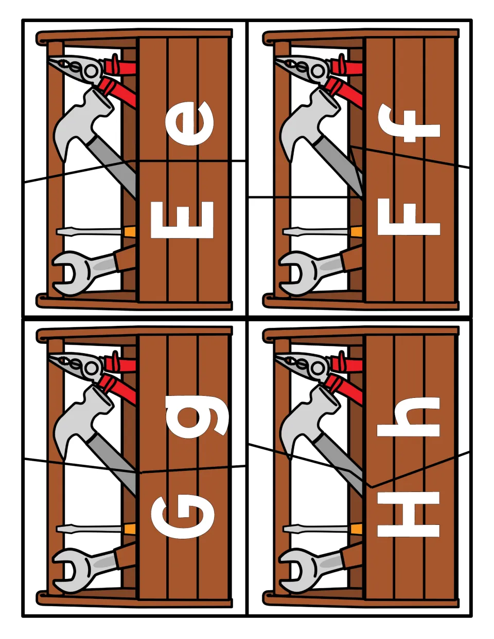 Letters E to H: two-piece toolbox puzzles that students join by pairing capital E, F, G and H with lowercase e, f, g, h