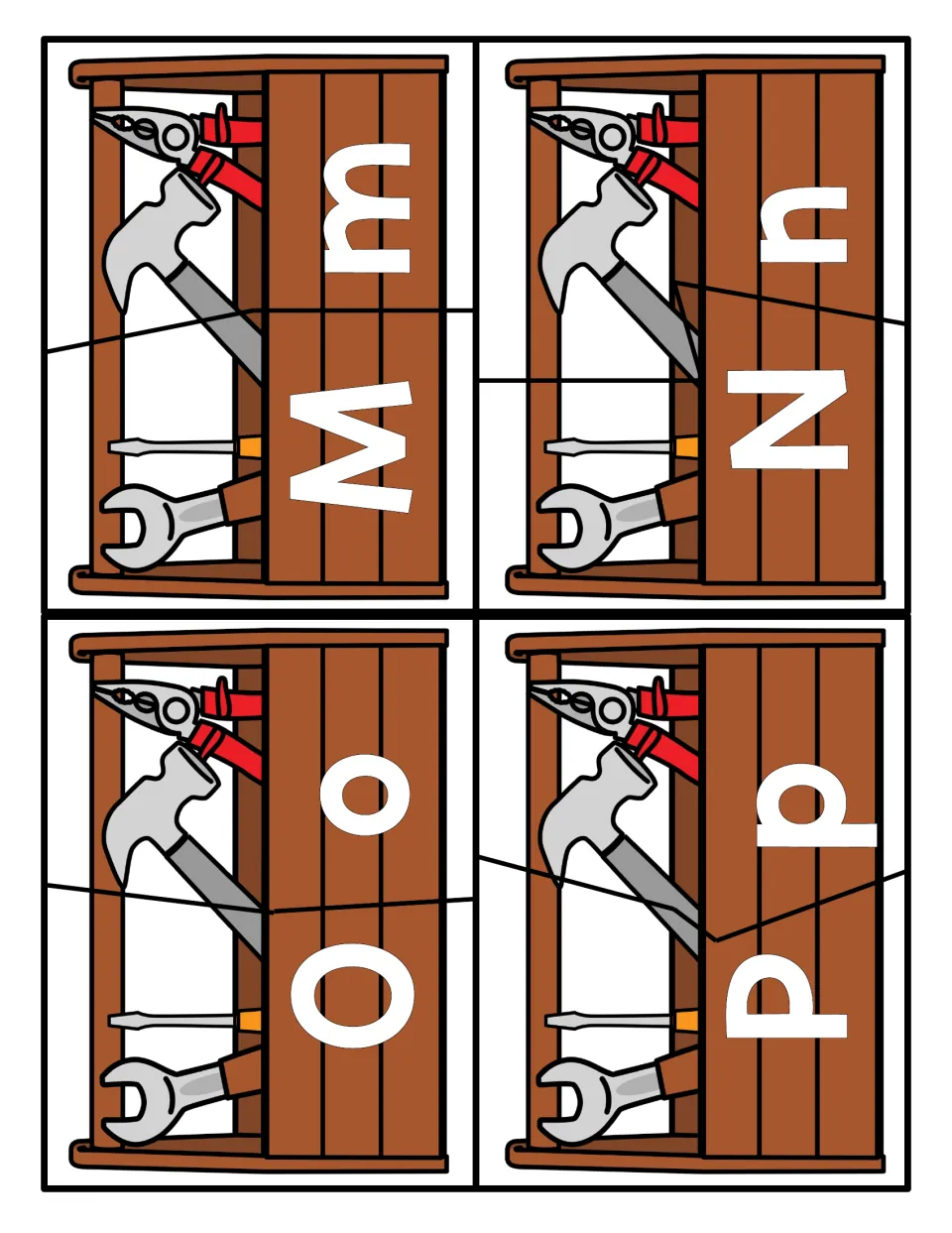 Letters M to P: students fit together toolbox puzzle halves, joining capital M, N, O and P with their lowercase forms