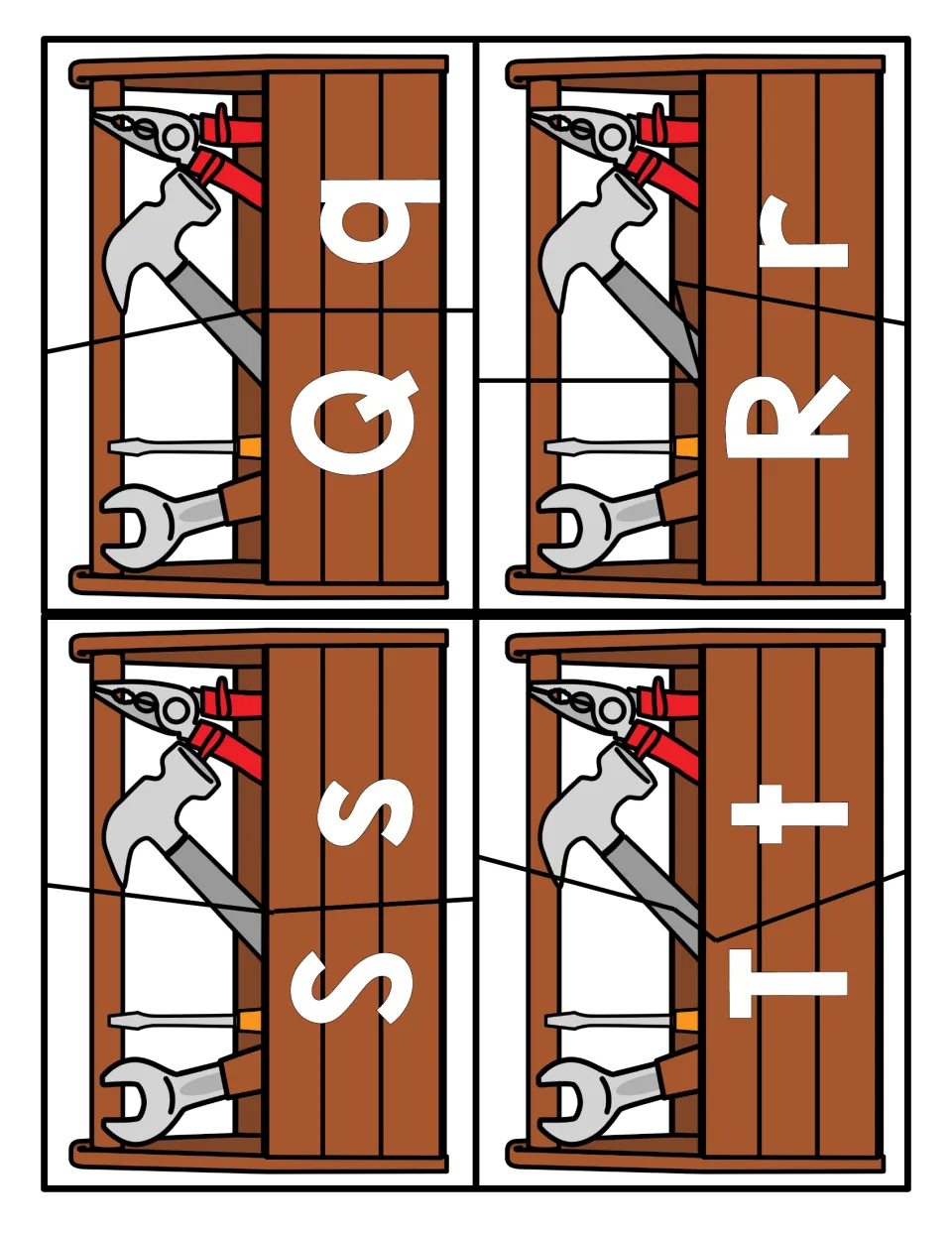 Letters Q to T: two-part toolbox puzzles for matching uppercase Q, R, S and T with lowercase q, r, s and t pieces
