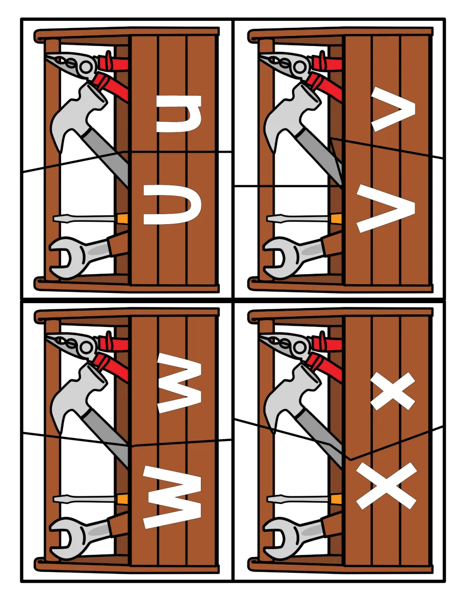 Letters U to X: toolbox puzzle pieces where students pair uppercase U, V, W and X with matching lowercase u, v, w, x