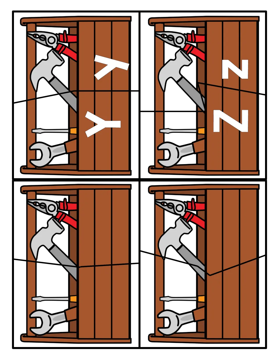 Letters Y and Z: toolbox puzzles pairing capital Y and Z with lowercase y and z, plus two blank toolbox cards