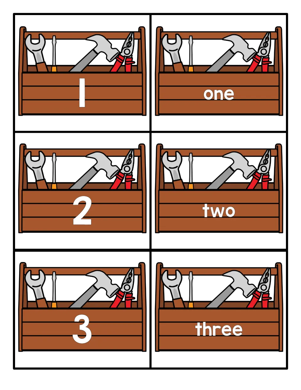 Numbers 1 to 3: toolbox cards show each numeral and its number word, one, two and three, for numeral-word matching