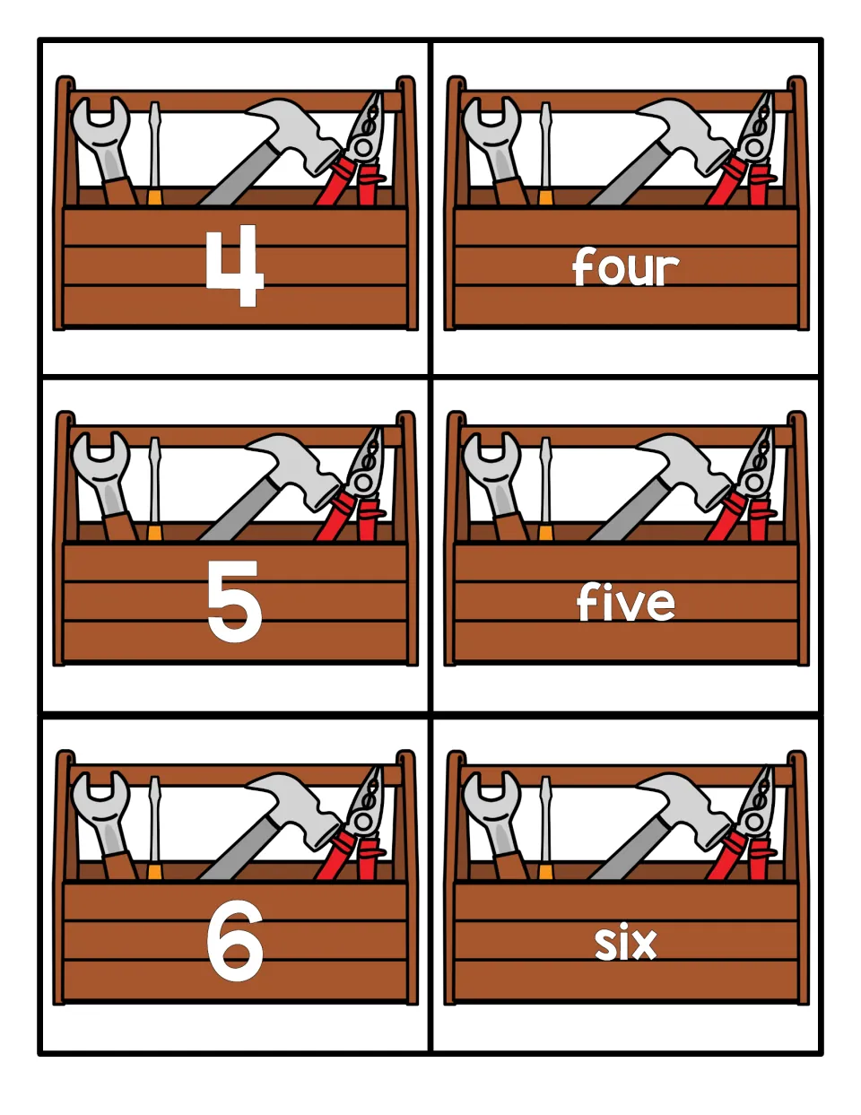 Numbers 4 to 6: tool chest cards pair the numerals 4, 5 and 6 with the words four, five and six for matching practice