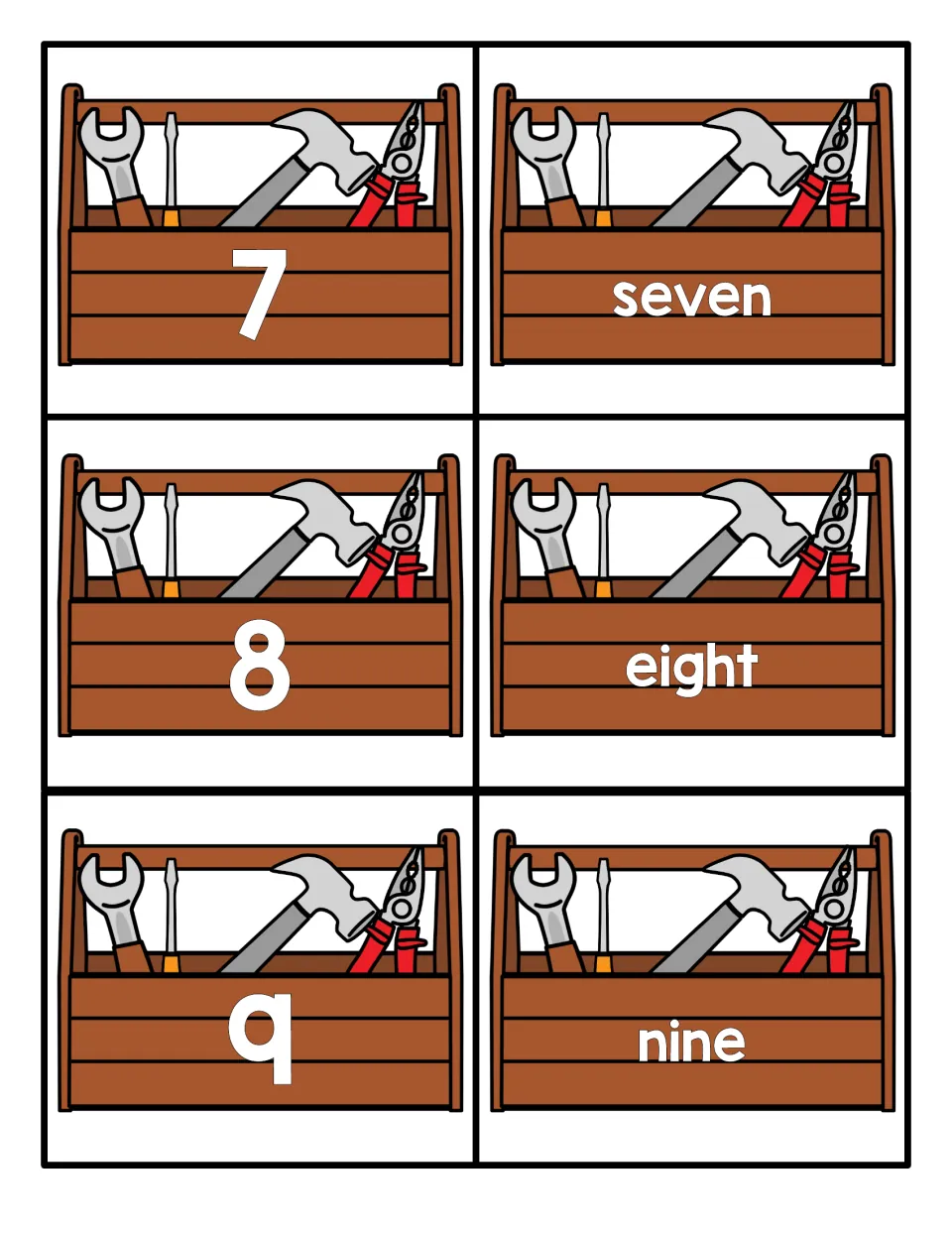 Numbers 7 to 9: cards with a hammer, wrench and pliers show 7, 8 and 9 beside seven, eight and nine for matching