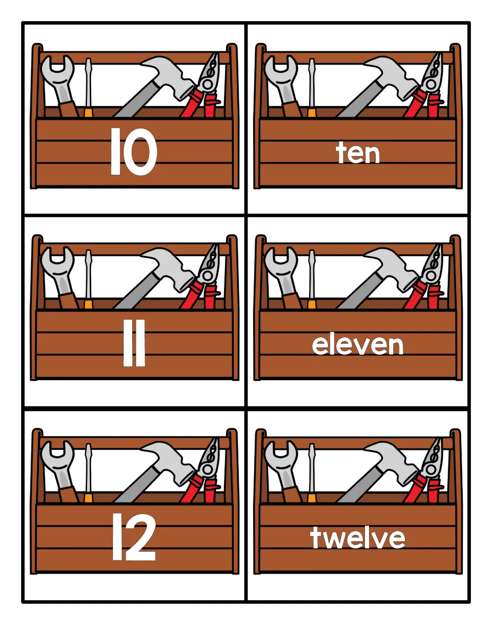 Numbers 10 to 12: toolbox cards give 10, 11 and 12 with word cards ten, eleven and twelve for reading number words