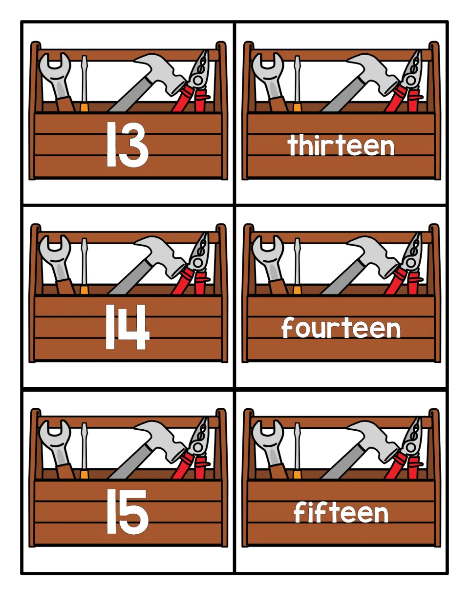 Teen numbers 13 to 15: cards show 13, 14 and 15 and the words thirteen, fourteen and fifteen so children match each pair