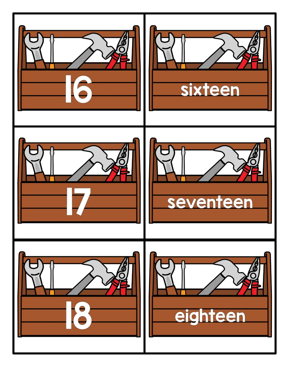 Teen numbers 16 to 18: tool kit cards pair 16, 17 and 18 with sixteen, seventeen and eighteen for matching