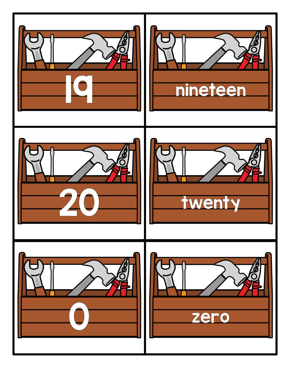 Numbers 19, 20 and 0: cards show each numeral with its word, nineteen, twenty and zero, to finish the 0 to 20 set