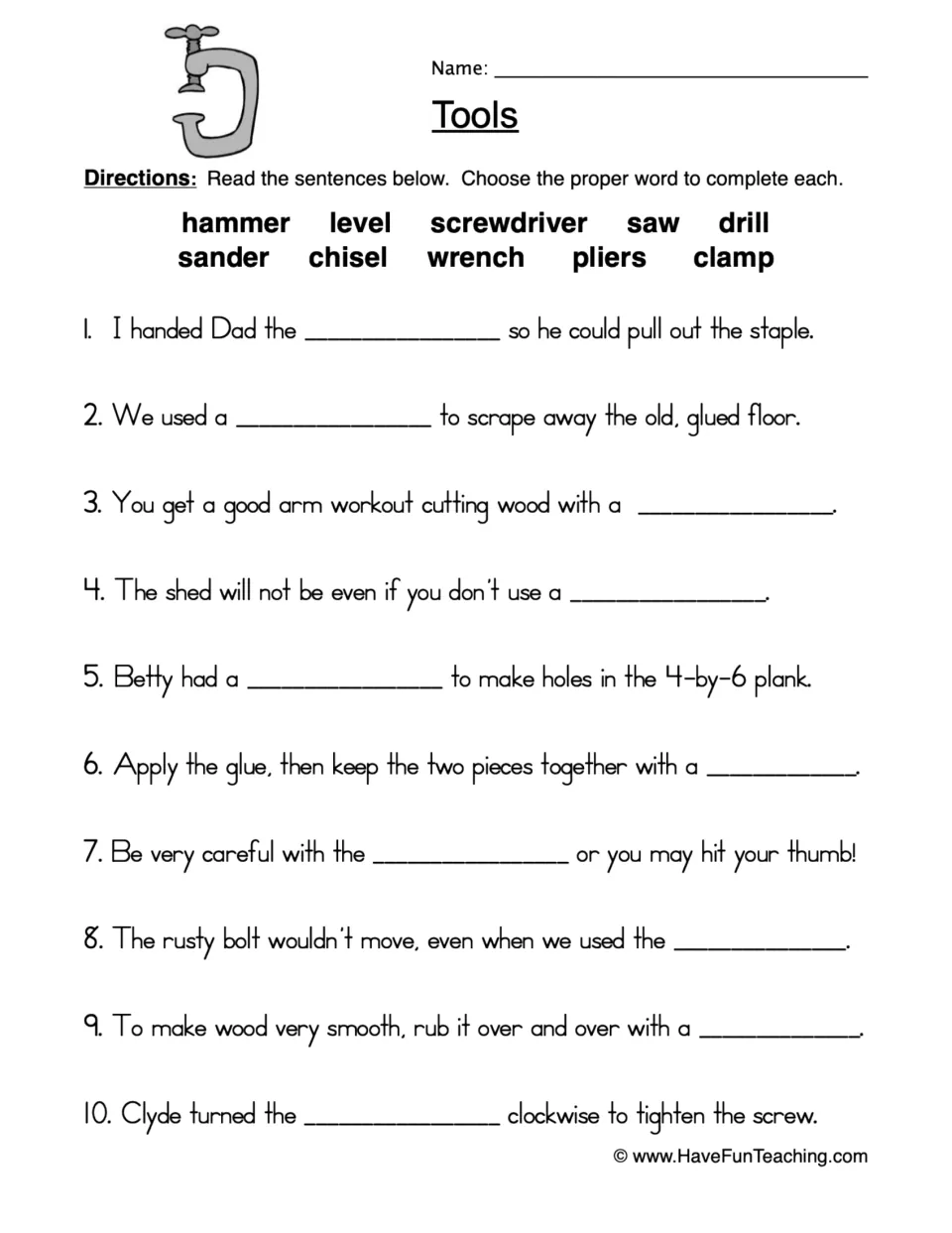 Tools vocabulary: students complete 10 sentences using a word bank of hammer, saw, drill, wrench, pliers, clamp and more