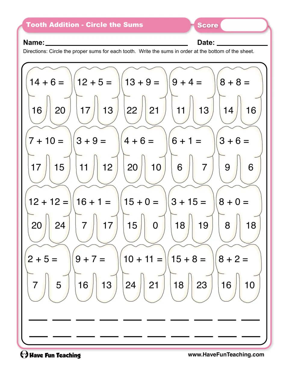 Tooth addition: students solve 20 sums up to 24, circle the right answer on each tooth, then list the sums in order