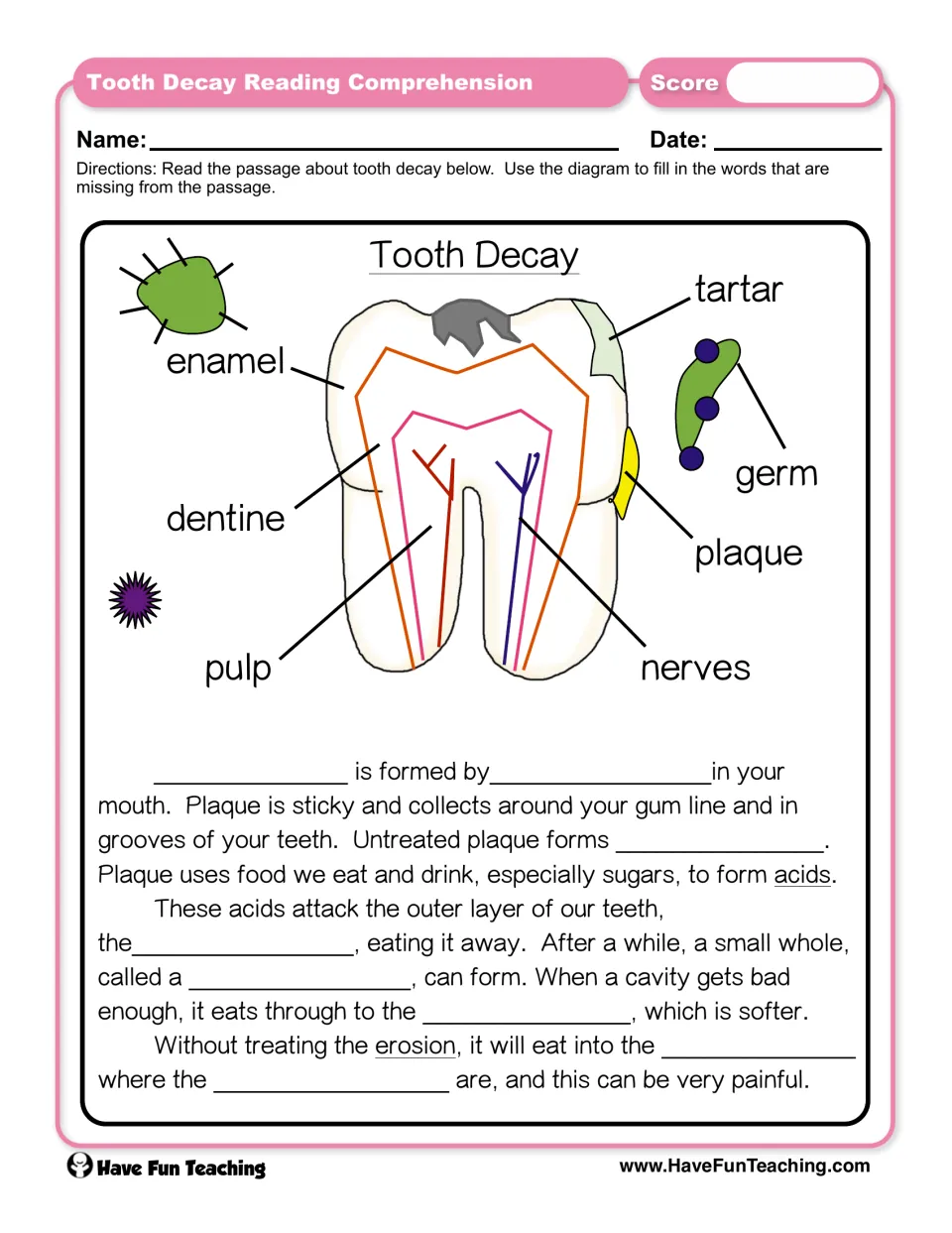 Tooth decay passage: students use a labeled tooth diagram to fill in 8 missing words like enamel, plaque and pulp