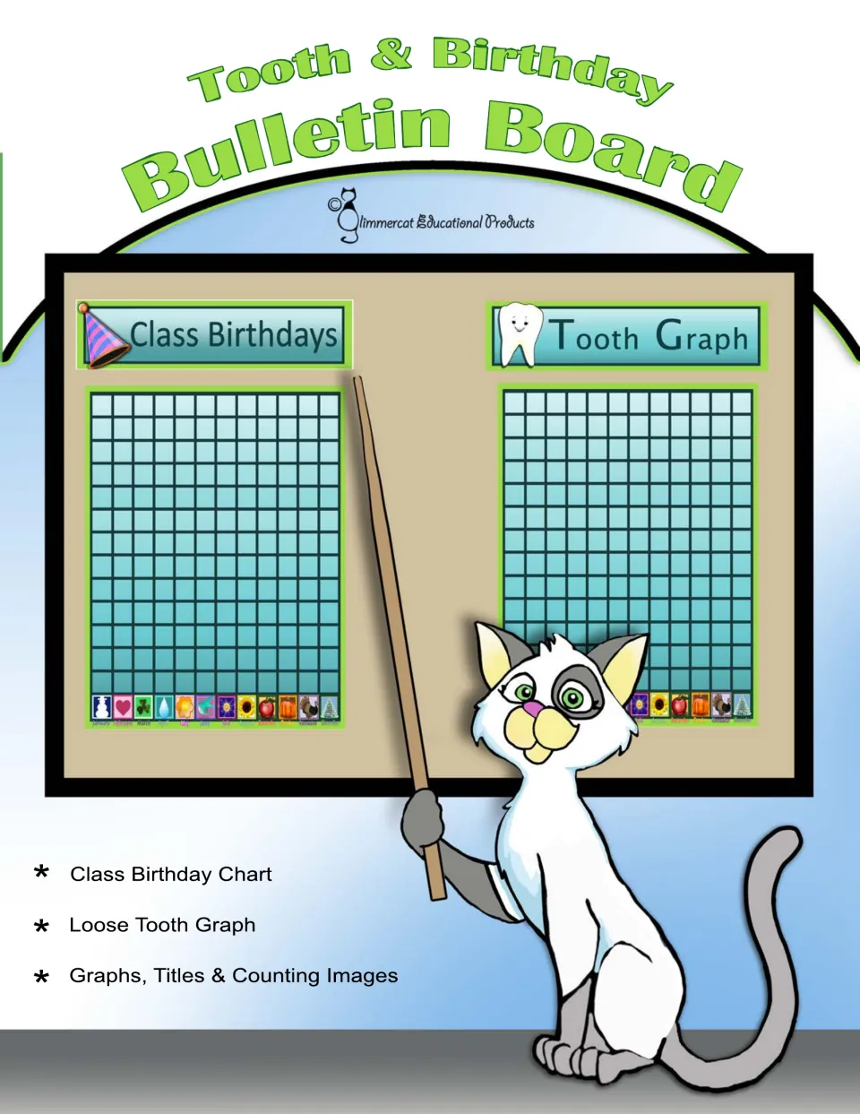 Tooth & Birthday Bulletin Board cover: class birthday chart, loose tooth graph, plus titles and counting images