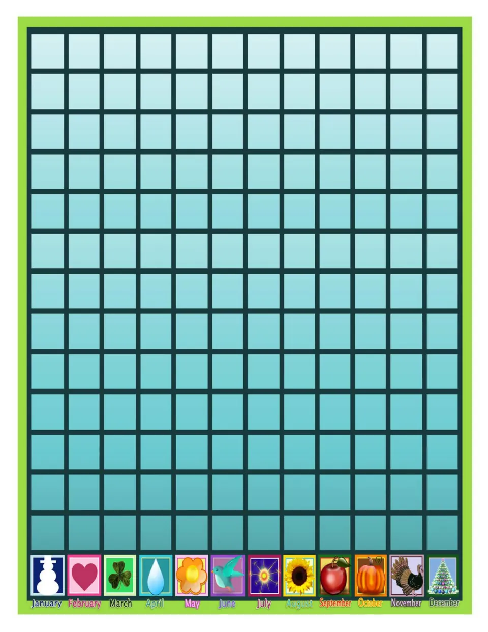 Month graph base for birthdays or lost teeth: January to December, each marked by a picture such as a snowman or turkey