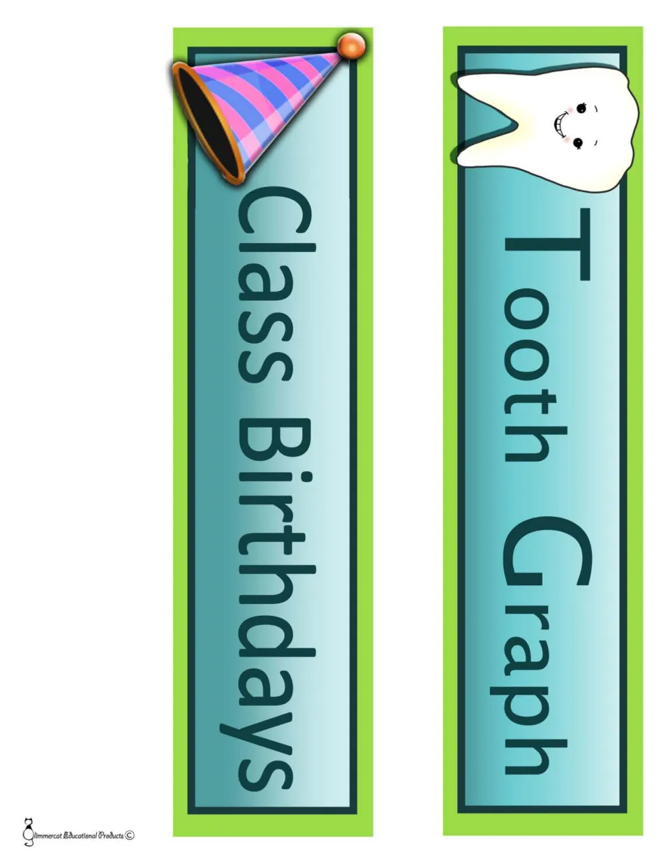 Two vertical title banners to cut out: 'Class Birthdays' with a party hat and 'Tooth Graph' with a smiling tooth