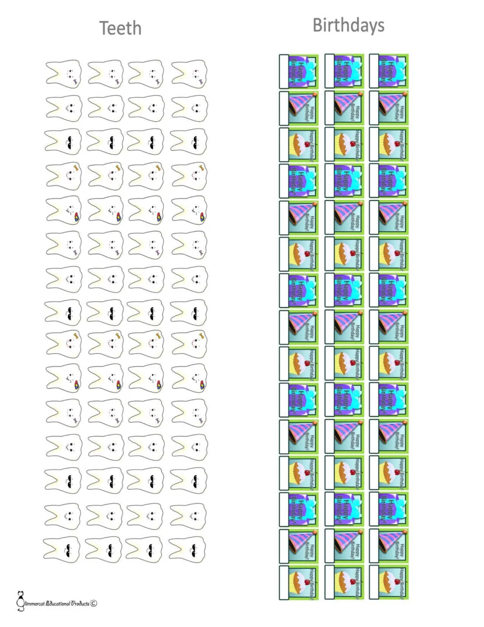 Counting pictures to cut out: smiling tooth icons and Happy Birthday squares with a blank space for each student's name