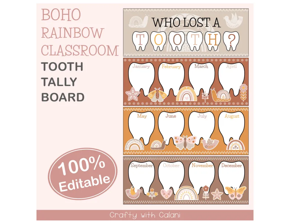 Boho Rainbow Classroom tooth tally board cover: Who Lost a Tooth? header above 12 month teeth, marked 100% Editable