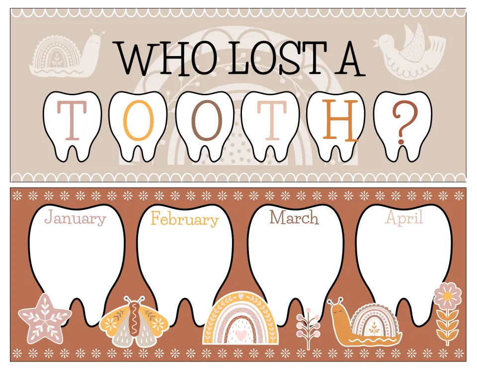 Who Lost a Tooth? banner with letters on teeth, plus January to April tooth strip where lost-tooth names can be recorded