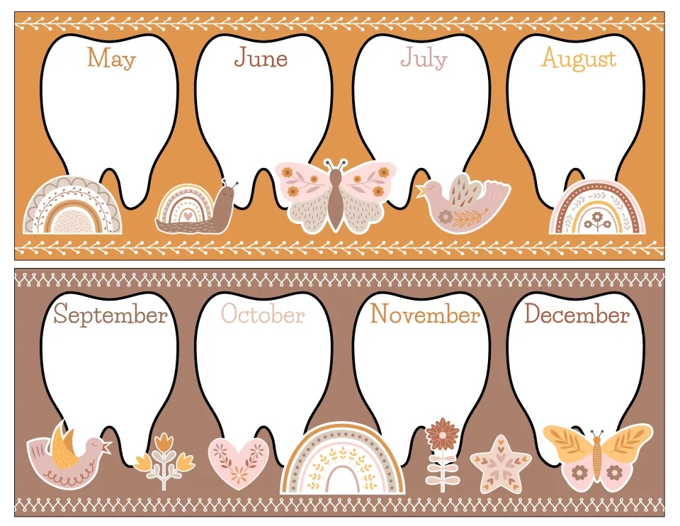 Tooth tally strips for May to August and September to December, each month a blank tooth with rainbow and butterfly art