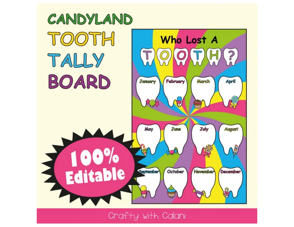Tooth tally board cover showing the complete January–December chart and the heading 'Who Lost A Tooth?'
