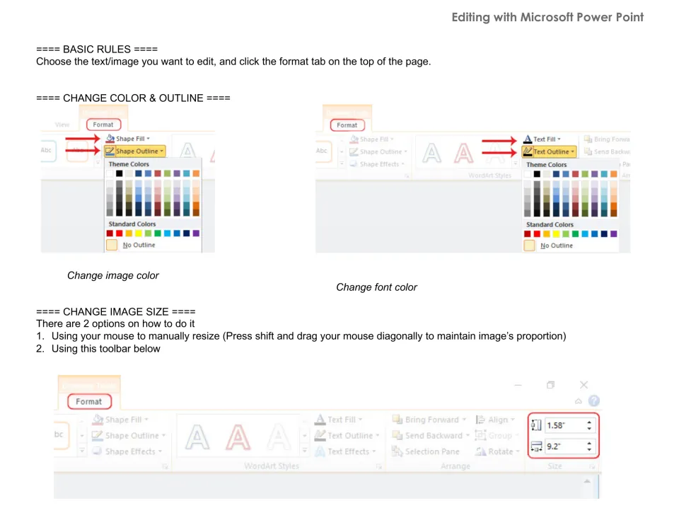 PowerPoint editing instructions for the tooth tally board explain changing image and font colors and image size