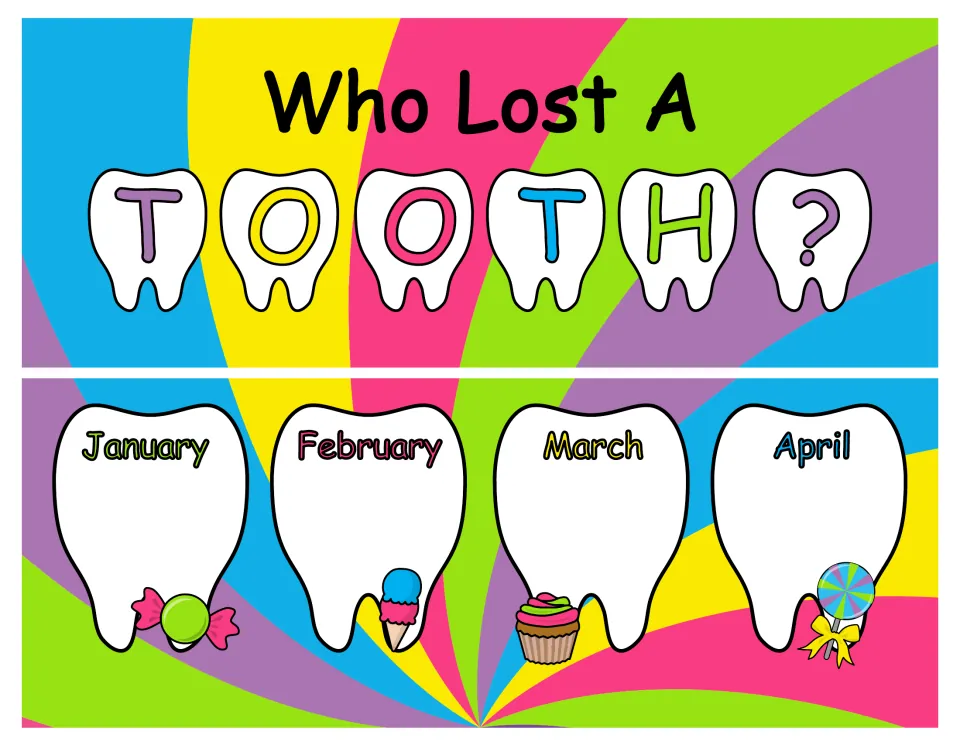 First tooth tally chart section has the title 'Who Lost A Tooth?' and tooth-shaped spaces for January–April