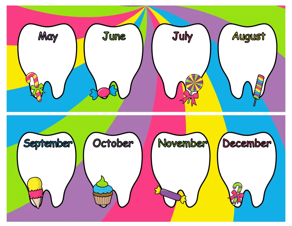 Second tooth tally chart section provides eight tooth-shaped spaces labeled May through December to record lost teeth