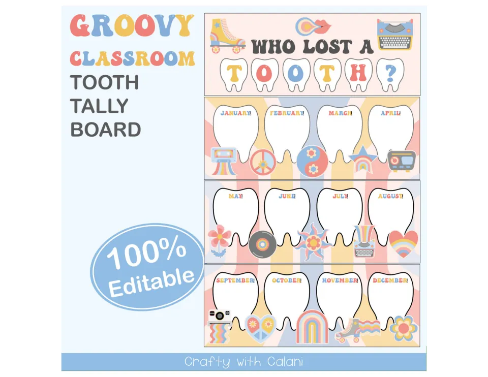 Groovy Classroom Tooth Tally Board cover: Who Lost a Tooth? banner and 12 month teeth on three strips, 100% editable