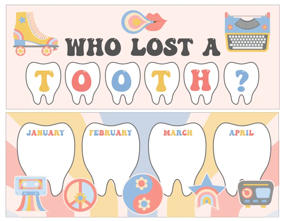 Who Lost a Tooth? title banner with letters on teeth, plus a strip of four teeth for January, February, March and April