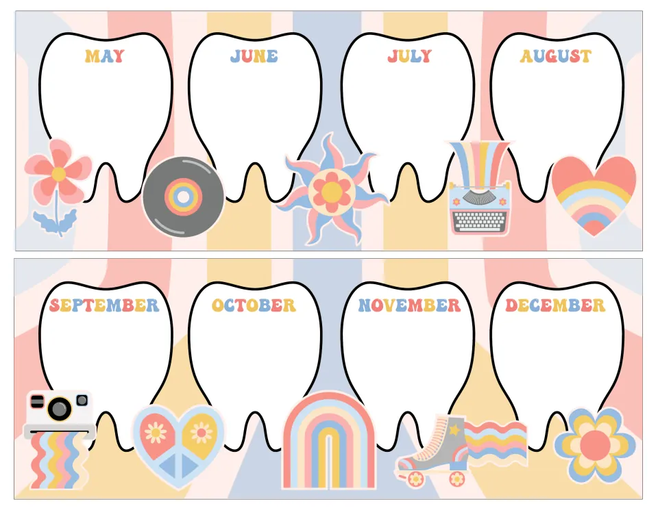 Two strips of blank month teeth for May to August and September to December, with retro flower, rainbow and record art