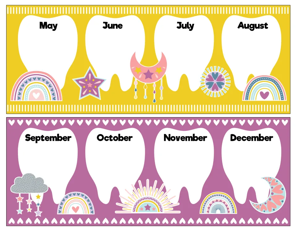 Lost-tooth tracker strips: blank tooth shapes for May through August and September through December, with rainbow art