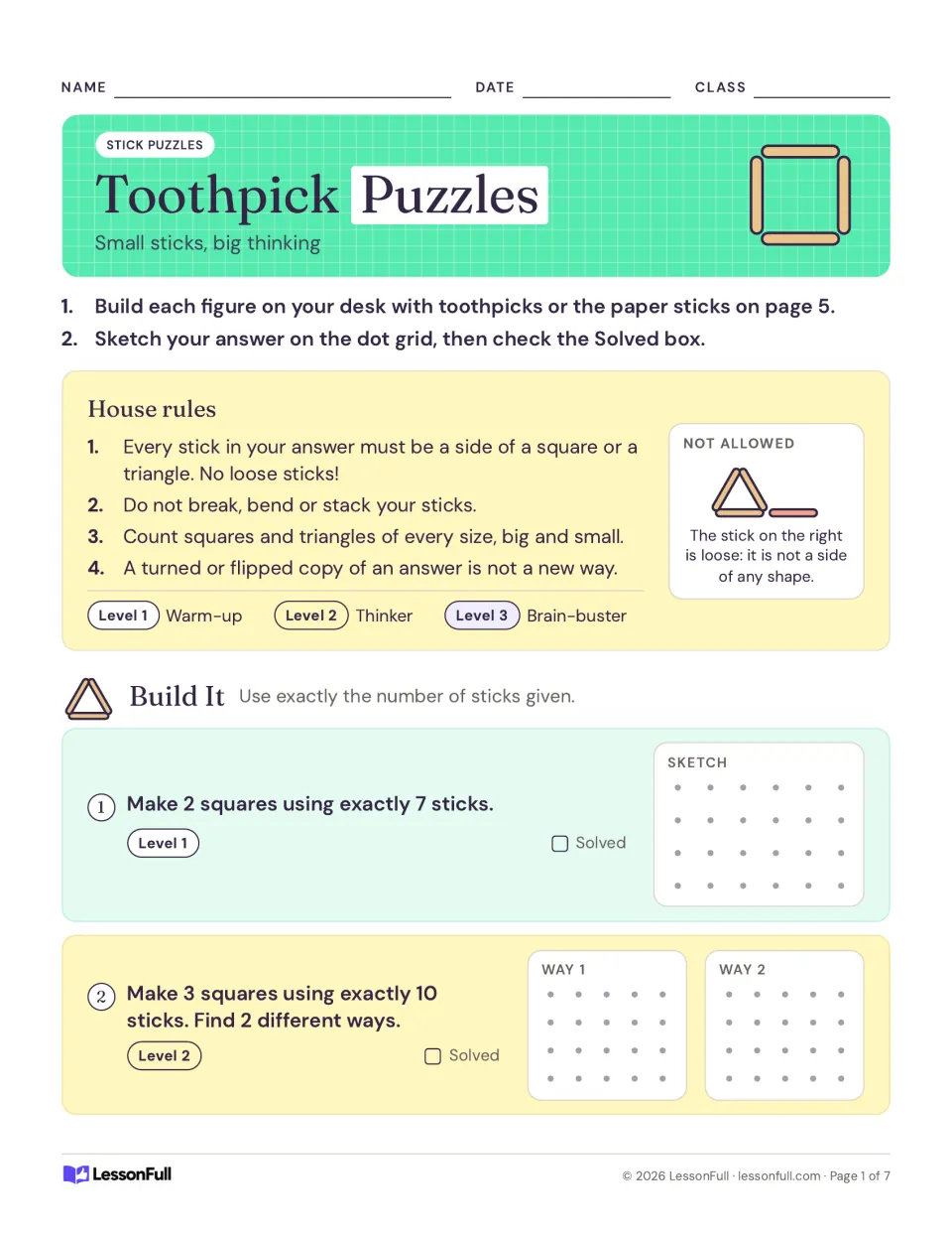 Building puzzles 1–2: make 2 squares using 7 sticks and 3 squares using 10 sticks, with rules for the packet
