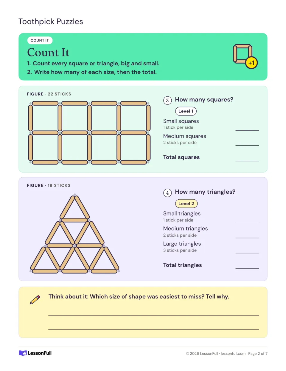 Counting puzzles 3–4: count squares in a 22-stick figure and triangles in an 18-stick figure by size