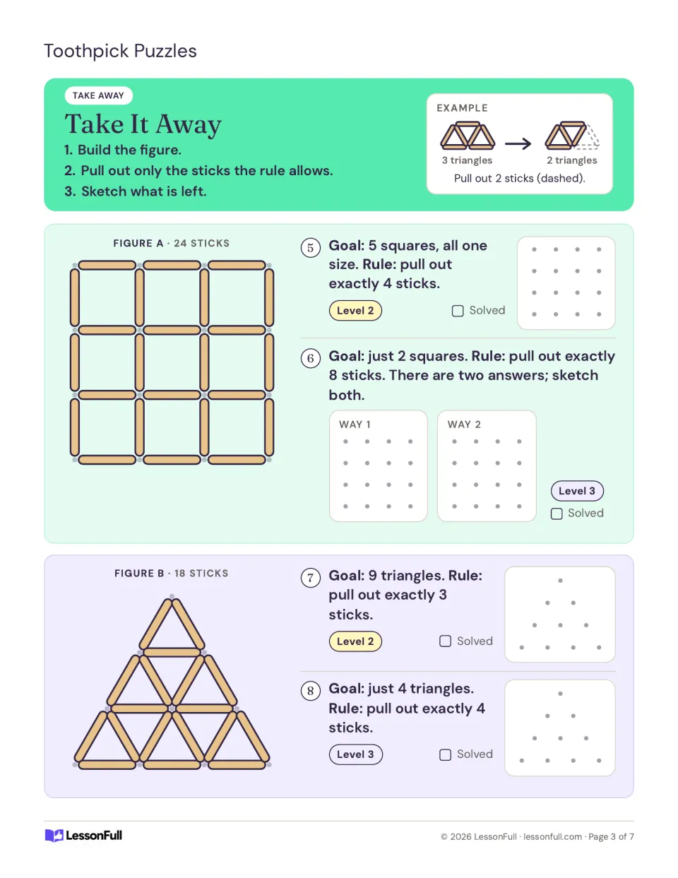 Take-away puzzles 5–8: remove exact numbers of sticks to leave 5 or 2 squares and 9 or 4 triangles
