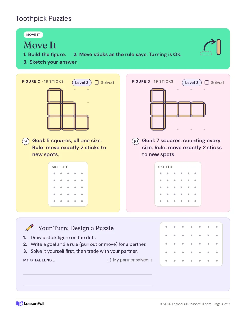 Moving puzzles 9–10: move exactly 2 sticks to make 5 or 7 squares, then design a puzzle for a partner
