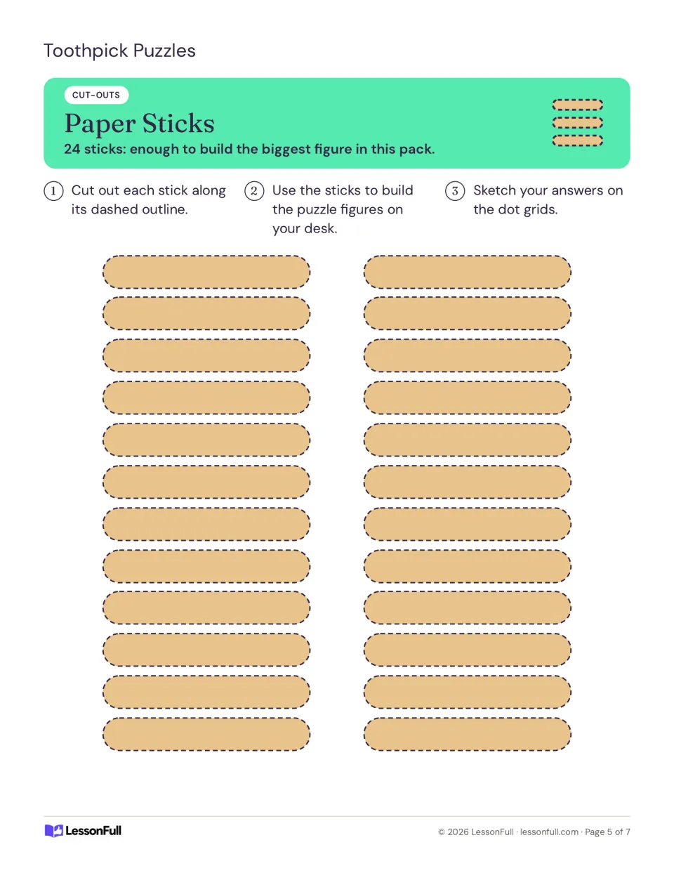 Paper-stick cutout sheet: 24 sticks to cut out and use to build the puzzle figures before sketching answers