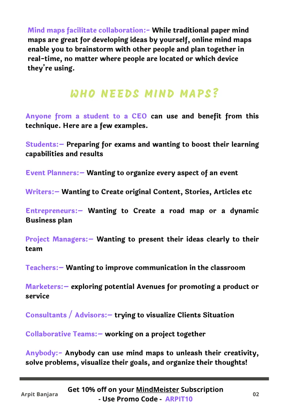 Who needs mind maps: a list of users, from students and writers to teachers and project managers, with their goals
