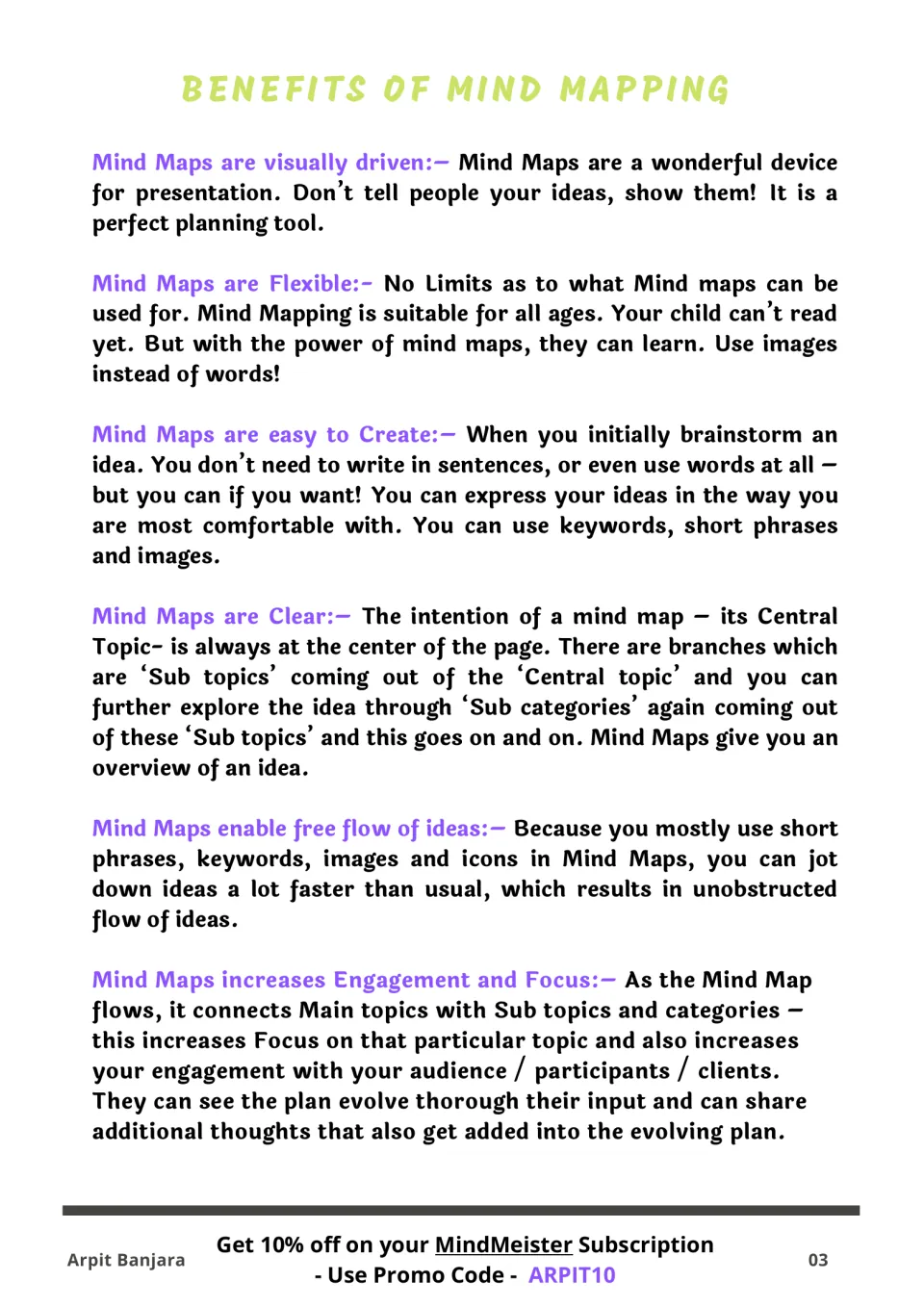 Benefits of mind mapping: six short explanations, including visually driven, flexible, easy to create and clear