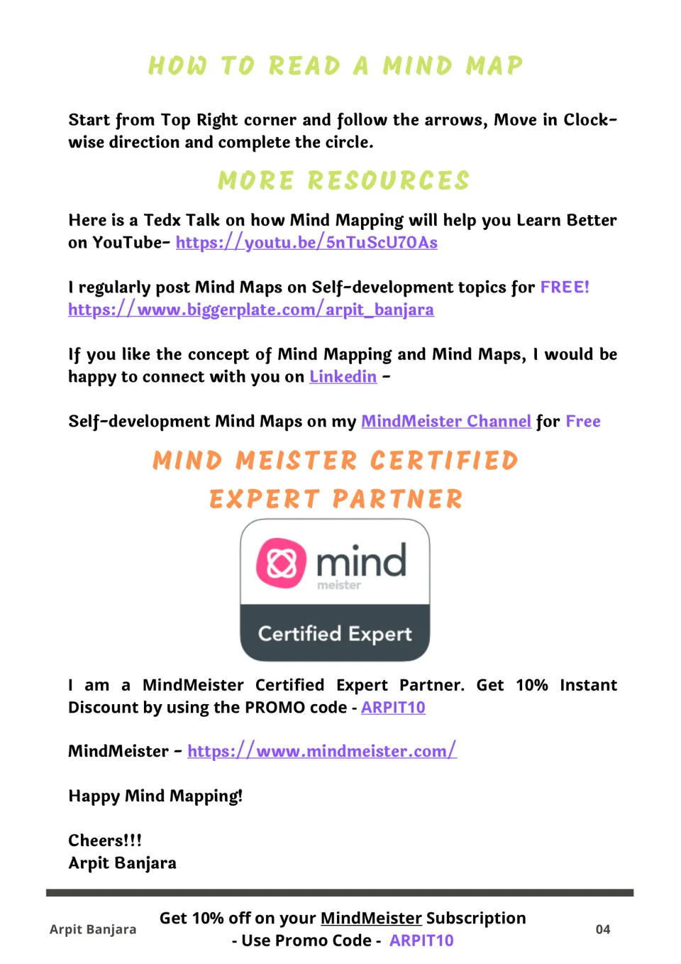 How to read a mind map: start top right and follow the arrows clockwise, plus links to more mind-mapping resources