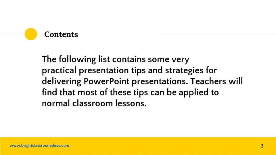 Contents overview introducing practical PowerPoint presentation tips that also apply to classroom lessons