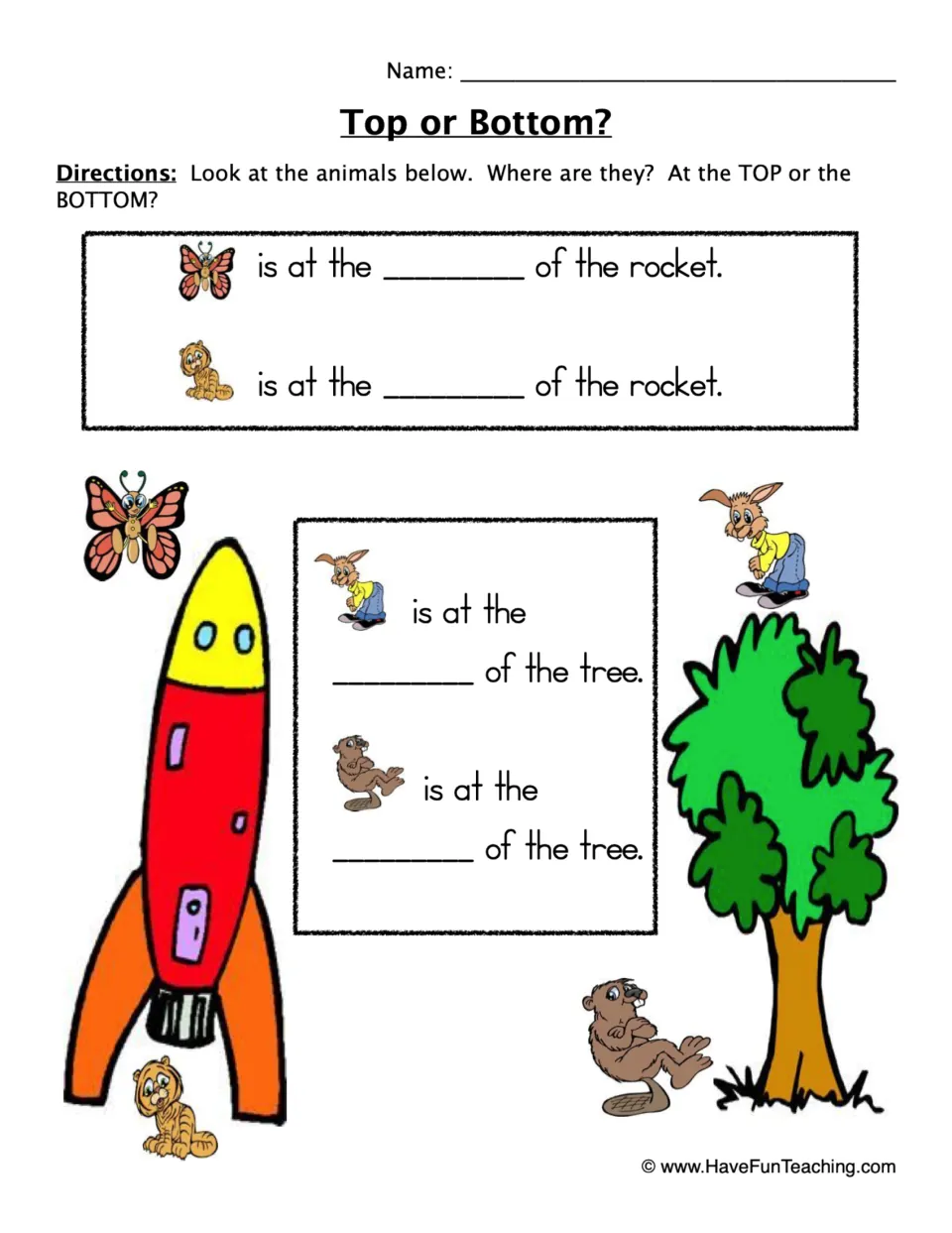Top or bottom position words: students write top or bottom for animals placed on a rocket and a tree in 4 sentences