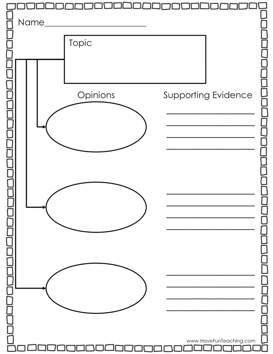 Writing graphic organizer for a topic, three opinions, and supporting evidence for each of the opinions.