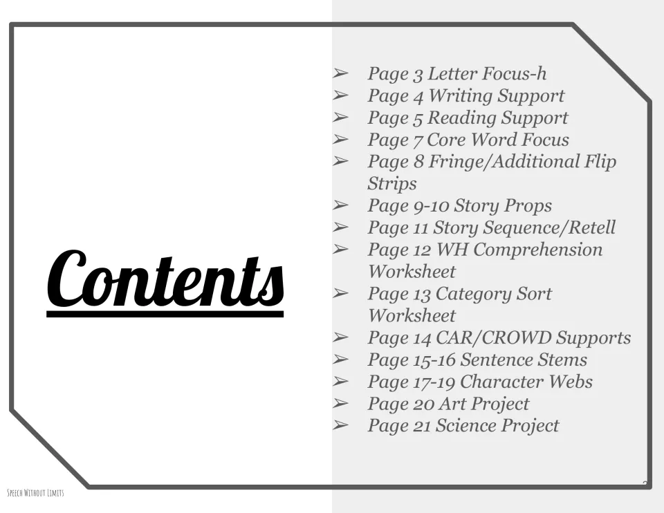 Contents for the book companion, listing letter focus, reading supports, story props, and projects through page 21
