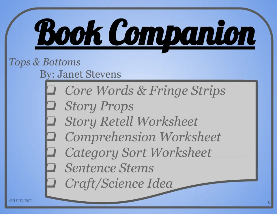 Book companion overview lists core words, fringe strips, story props, retelling, comprehension, and crafts