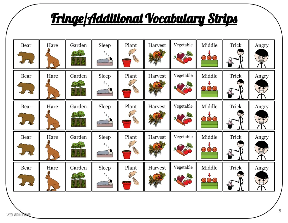 Five identical vocabulary strips each show Bear, Hare, Garden, Sleep, Plant, and five more words with pictures
