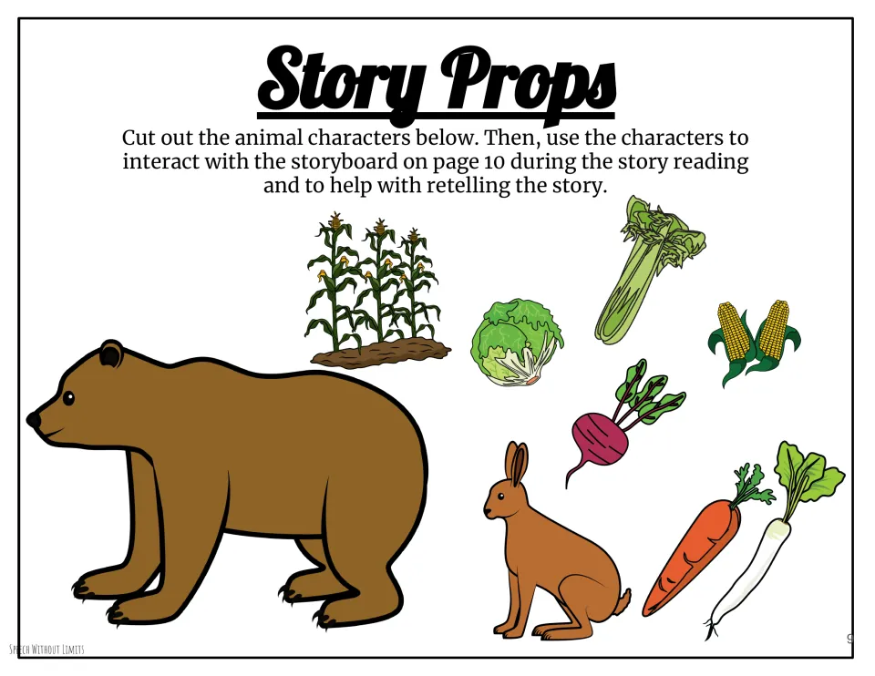 Story props include bear and hare cutouts, corn plants, and vegetables to use with the garden storyboard