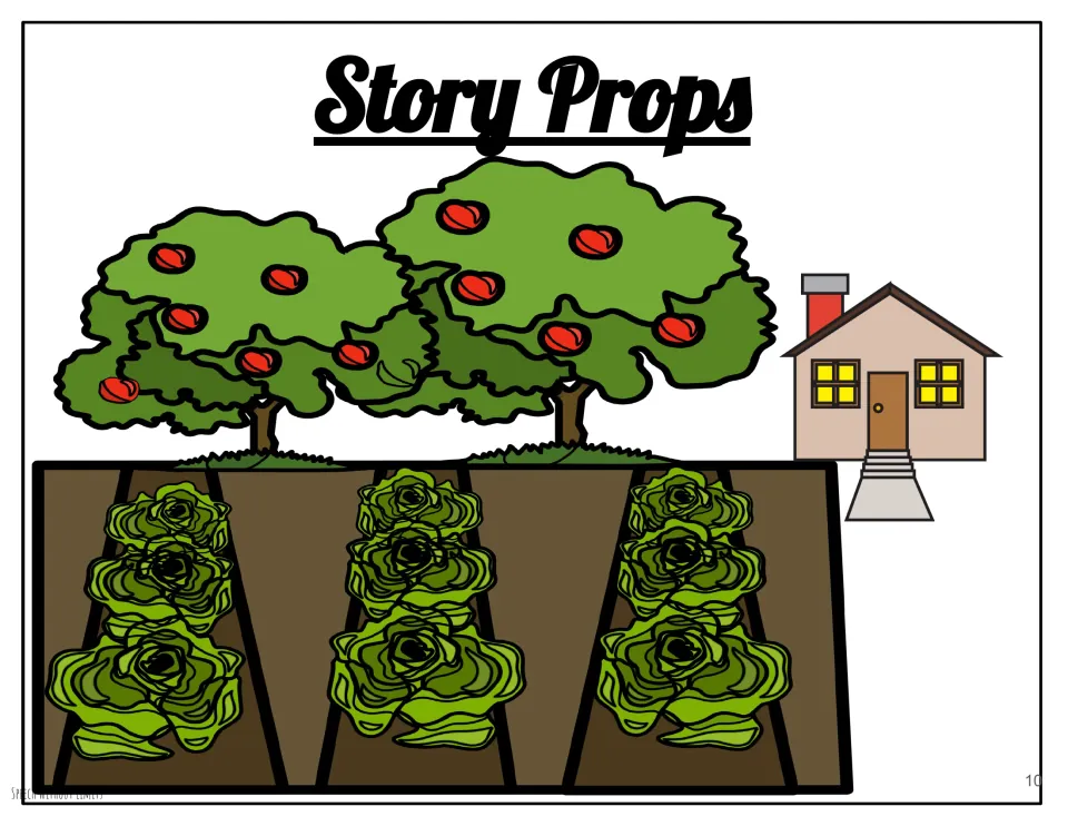 Garden storyboard for the companion's cutout props shows vegetable beds, fruit trees, and a nearby house