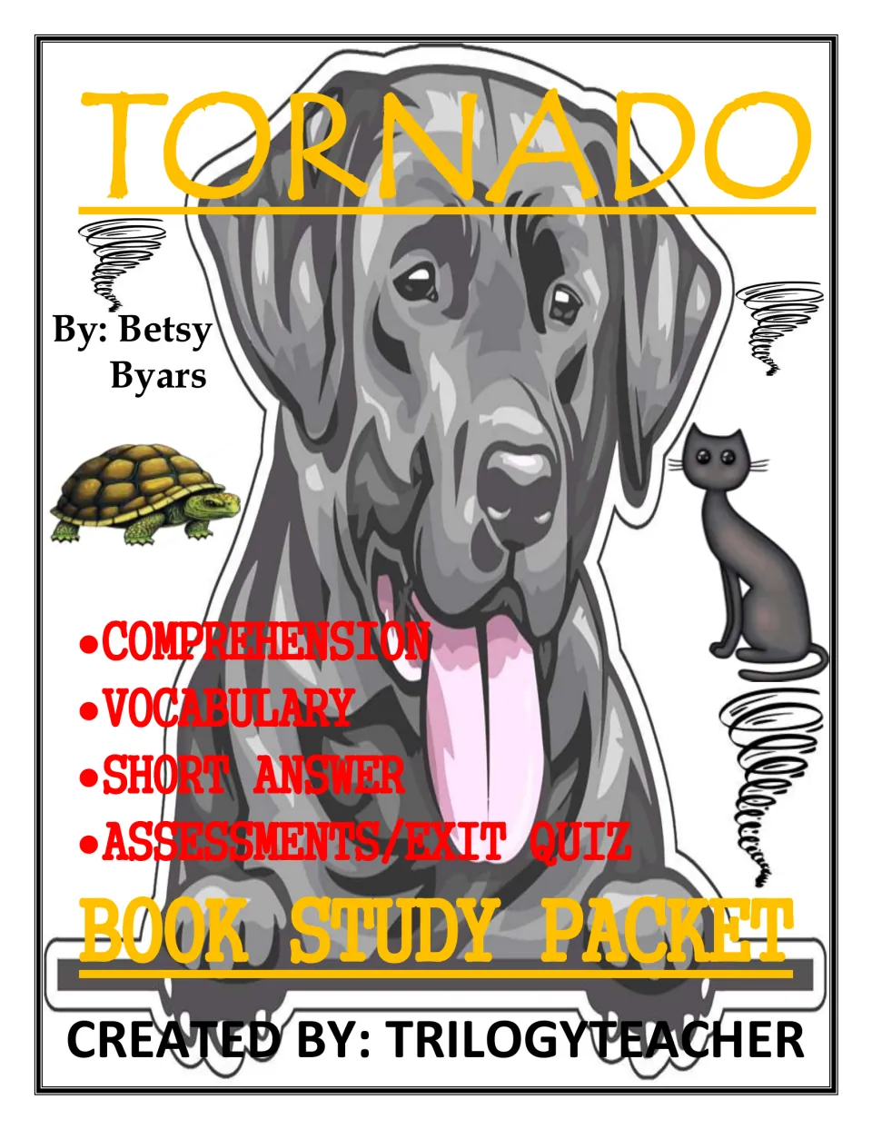 Tornado by Betsy Byars book study cover listing comprehension, vocabulary, short answer and exit quiz pages