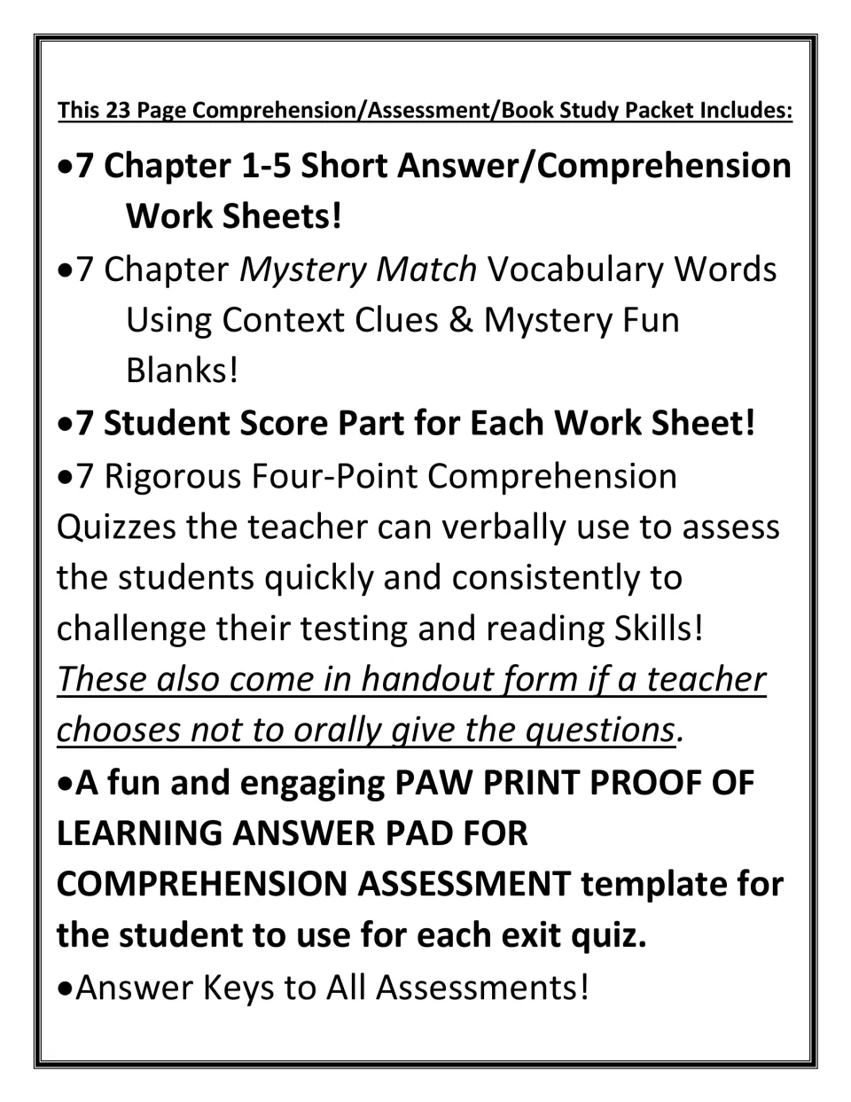 Packet contents list: chapter short answer sheets, Mystery Match vocabulary, four-point exit quizzes and answer keys