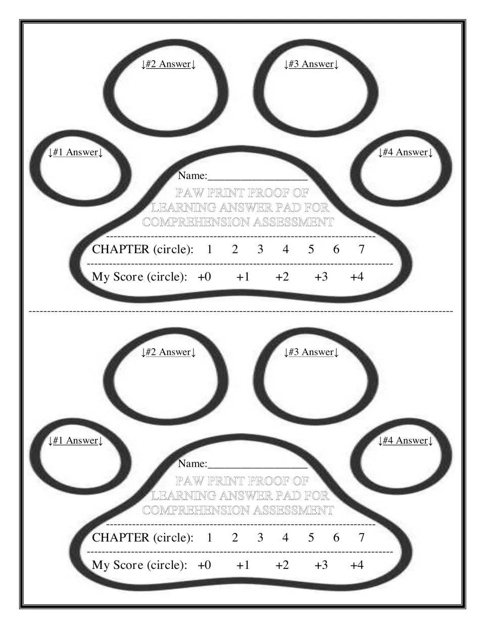 Paw print answer pad: students write four exit quiz answers in the toes and circle their chapter and score, two per page