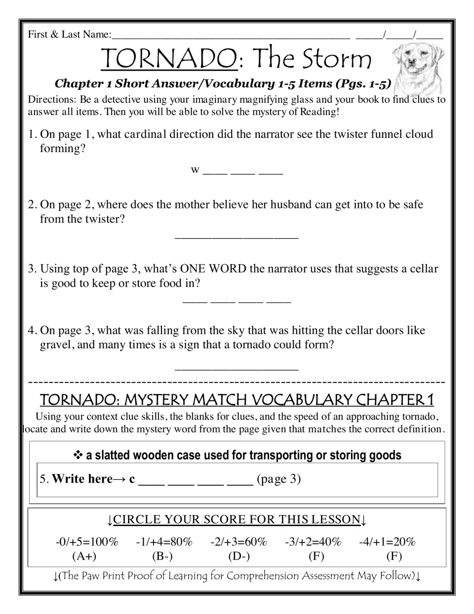 Chapter 1 The Storm: students answer four page-referenced questions and solve a Mystery Match context-clue vocabulary word